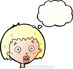 cartoon shocked woman with thought bubble