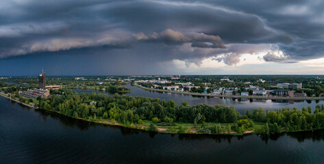 Thunderstorm over Riga. Huge thunderstorm dark clouds over the city of Riga