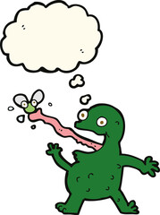 cartoon frog catching fly with thought bubble