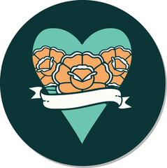 tattoo style sticker of a heart and banner with flowers