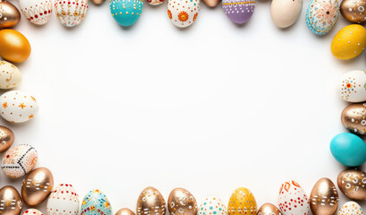 Beautiful colorful easter eggs background in various sizes, in different patterns and colors, top...