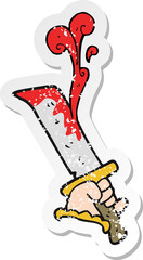 retro distressed sticker of a cartoon hand with bloody dagger
