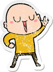 distressed sticker of a happy cartoon bald man