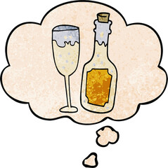 cartoon champagne bottle and glass and thought bubble in grunge texture pattern style