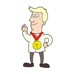 cartoon waving man with award