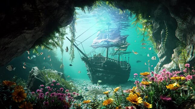 Illustration of pirate ship under the sea with corals and fish  Seamless looping 4k time-lapse virtual video animation background. Generated AI	