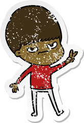 distressed sticker of a annoyed cartoon boy