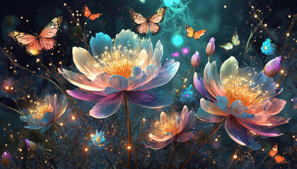 Luminous flowers and butterflies on dark background. Generative AI