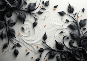 black white background with golden swirl and flowers and place for text