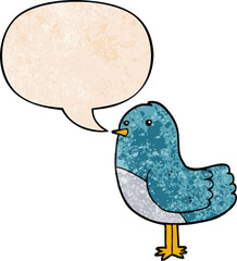 cartoon bird and speech bubble in retro texture style
