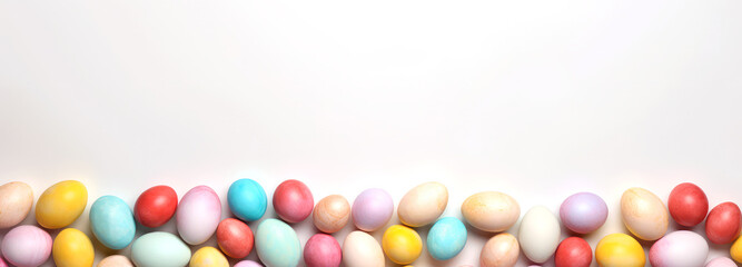 Top view of Easter eggs dyed in different colors on white background. Easter banner