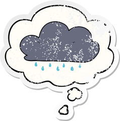 cartoon rain cloud and thought bubble as a distressed worn sticker