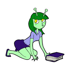 cartoon alien girl and book