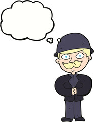 cartoon man in bowler hat with thought bubble