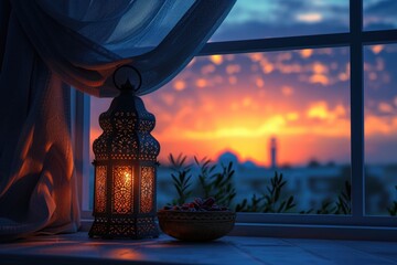 The evening glow of a traditional Ramadan lantern against the backdrop of the city