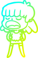 cold gradient line drawing cartoon woman talking loudly