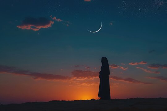 Silhouette of a person praying in the desert at sunset