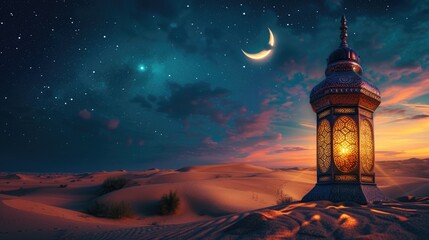Ramadan Lantern in the Desert Under the Starry Sky
