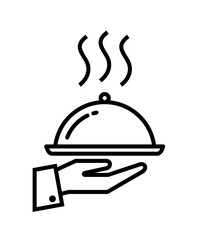 Waiter hand or cloche icon. Symbol of service, menu or catering. Hand with a tray, an attribute of cafes, restaurants or hotels. Designation of breakfast, lunch or dinner.