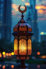 Ramadan lantern, view of sunset cityscape
