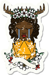 crying human druid with D20 natural one roll illustration