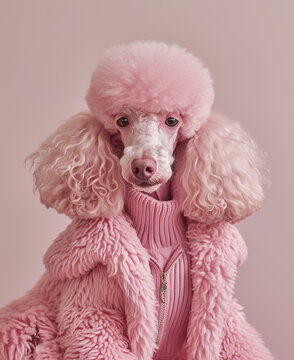 Cute poodle wearing stylish fashionable pink coat