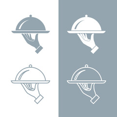 Waiter hand icons set or cloche icon. Symbol of service, menu or catering. Hand with a tray, an attribute of cafes, restaurants or hotels. Designation of breakfast, lunch or dinner.