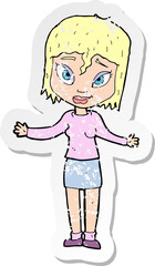 retro distressed sticker of a cartoon woman shrugging shoulders