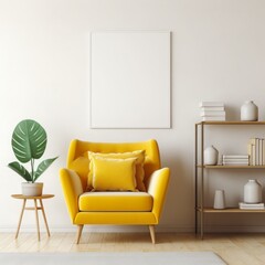 Sunlit Sophistication: White Room with Yellow Canvas Poster Mockup for a Bright Artistic Touch