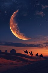 Camel caravan with crescent moon in the desert