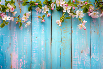 Spring border or background art with pink blossom. Beautiful nature scene with blooming tree and wood backdrop in pink and teal colour. Easter concept by Vita