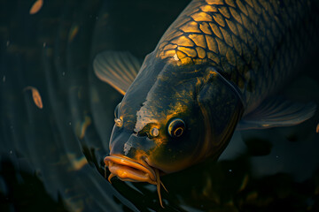 Caught carp close-up against the backdrop of a darkened pond