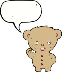 cartoon teddy bear waving with speech bubble