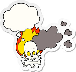 cartoon spooky burning bones and thought bubble as a printed sticker