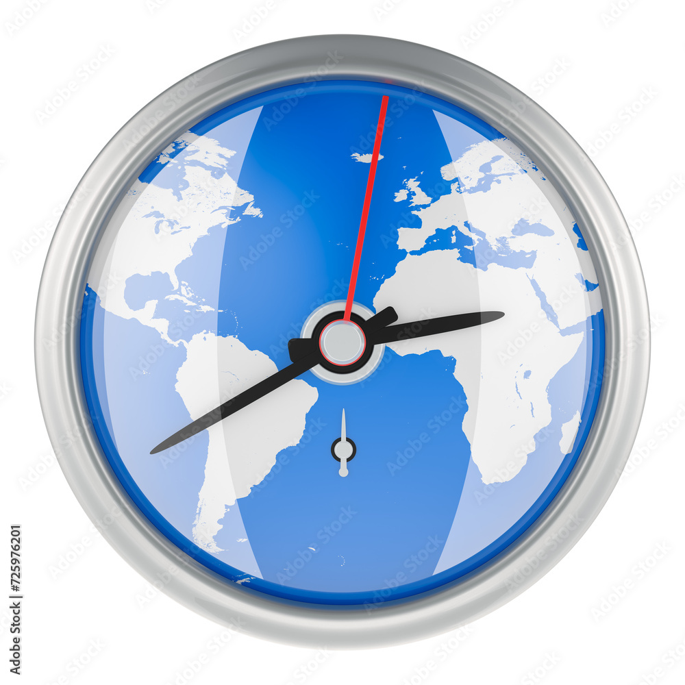 Poster wall clock with earth map texture. 3d rendering isolated on transparent background