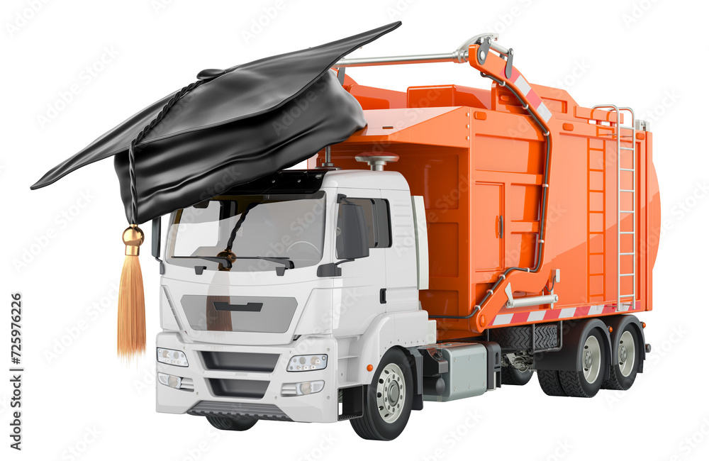 Poster garbage truck with graduation hat. 3d rendering isolated on transparent background
