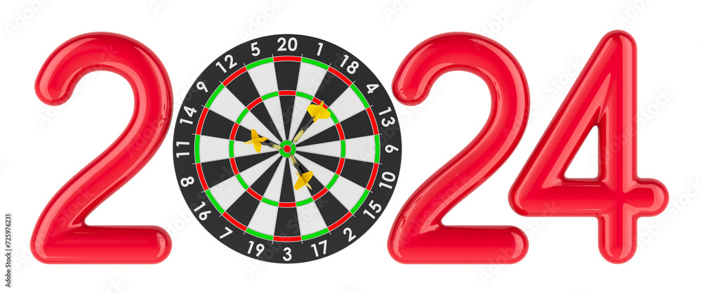 Poster target and mission in 2024, concept with darts in bullseye. 3d rendering isolated on transparent bac