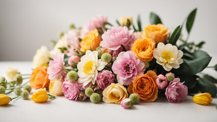 a bouquet of spring flowers on a white background.  Pastel color. Wedding mockup.
