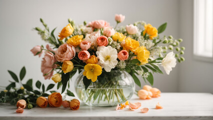 a bouquet of spring flowers on a white background.  Pastel color. Wedding mockup.