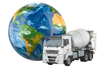 Concrete Truck with Earth Globe. 3D rendering isolated on transparent background