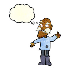 cartoon angry old man in patched clothing with thought bubble
