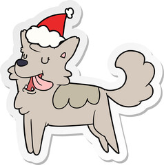 sticker cartoon of a happy dog wearing santa hat