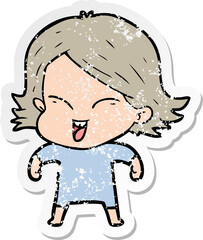 distressed sticker of a happy cartoon girl