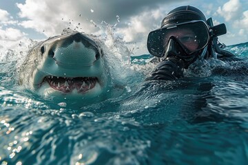 Menacing beauty: underwater world with the shark predator, a captivating glimpse into the fierce,...