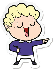 sticker of a laughing cartoon man pointing