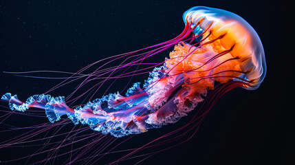 Vibrant jellyfish floating gracefully in dark waters, its mesmerizing colors illuminating against a black backdrop.