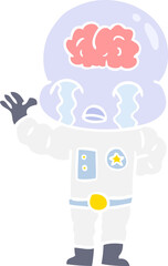 flat color style cartoon big brain alien crying