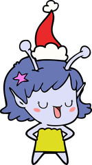 happy alien girl line drawing of a wearing santa hat