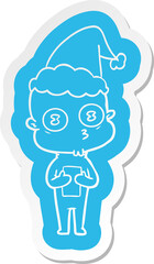 cartoon  sticker of a weird bald spaceman wearing santa hat