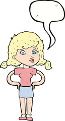 cartoon pretty girl with hands on hips with speech bubble